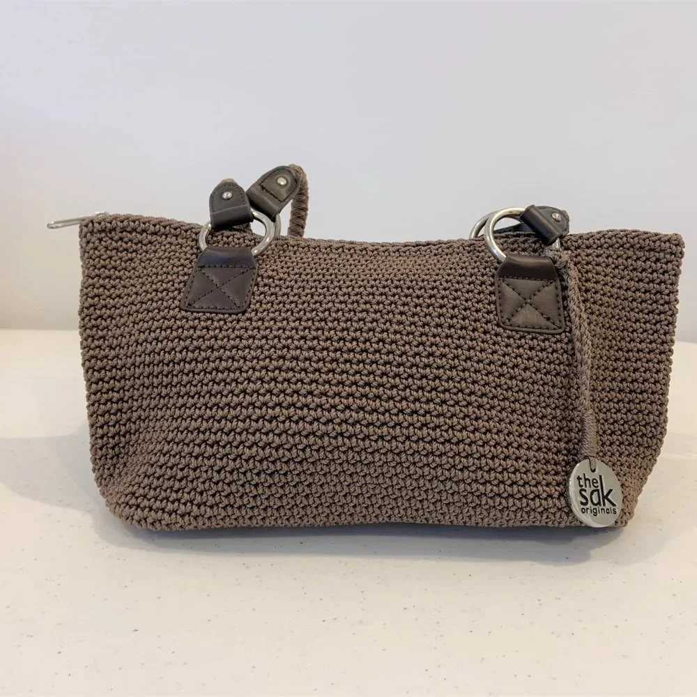 Saks Taupe Brown Crochet Shoulder Bag Tote - Picture 4 of 14